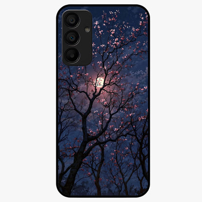 Twilight Sakura Serenade Glass Case showing flat back view with cherry blossom artwork at twilight and glossy glass finish.