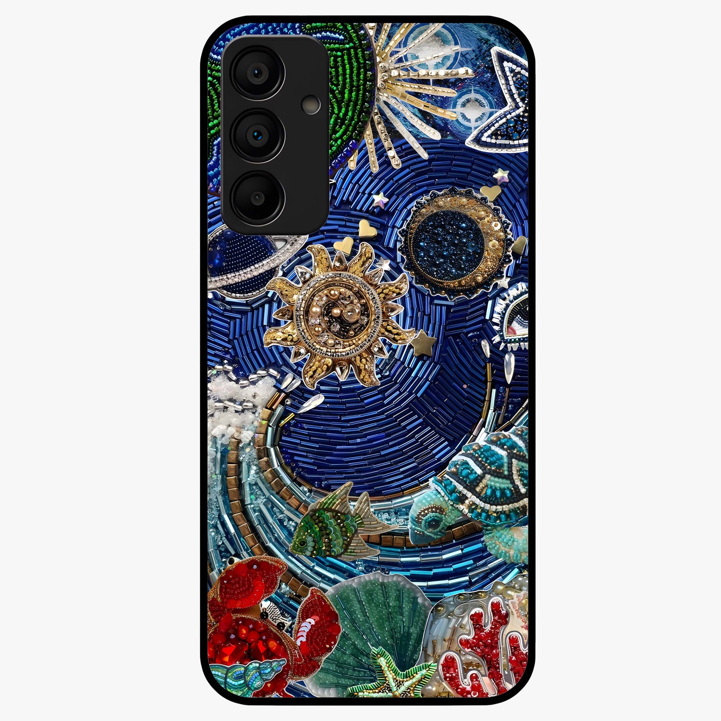 Universe Underwater Spark Glass Case showing flat back view with cosmic underwater themed artwork and glossy glass finish.