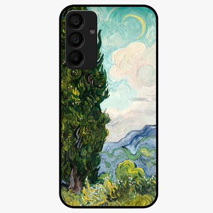 Van Gogh Vintage Art Glass Case showing flat back view with vintage painterly artwork inspired by Van Gogh style and glossy glass finish.
