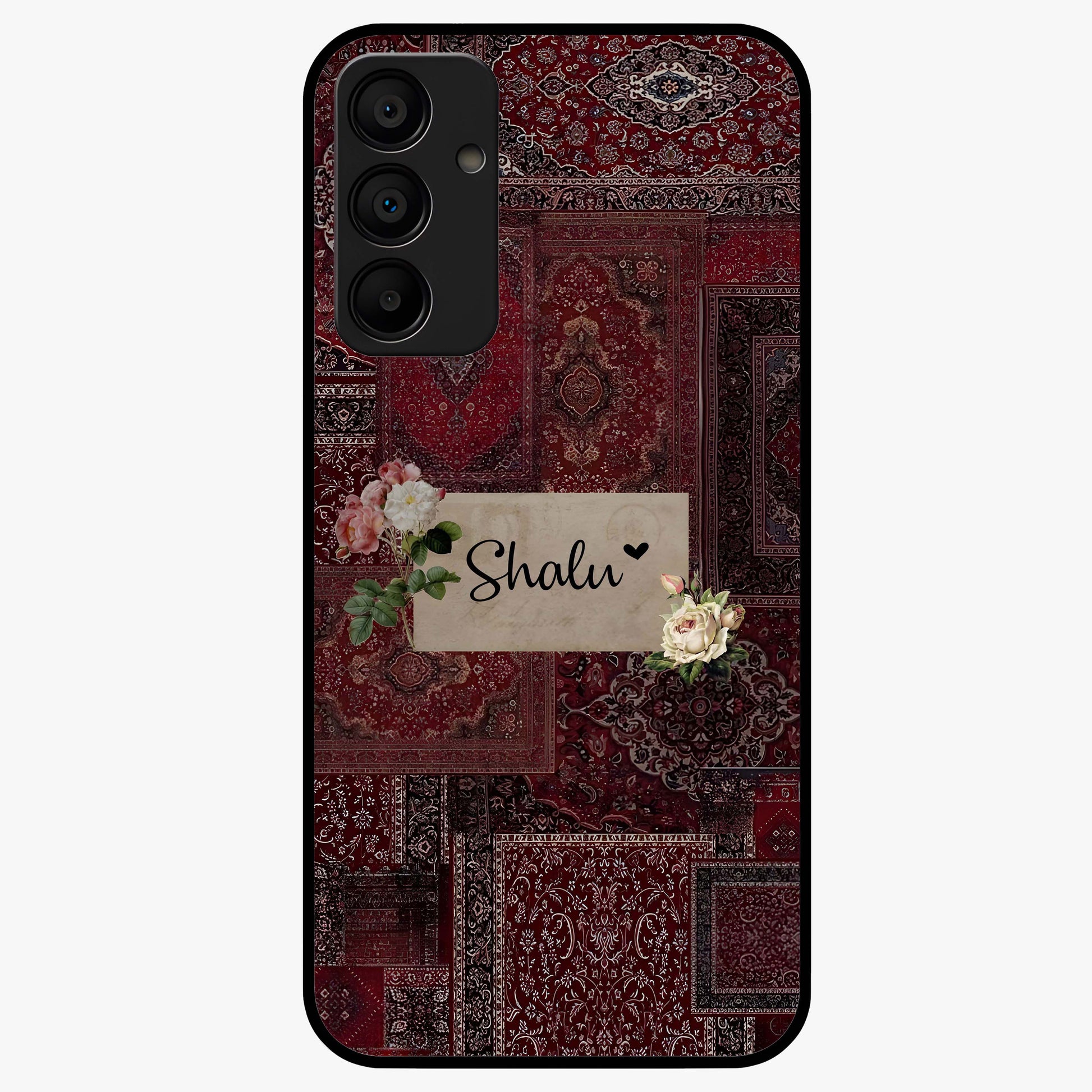 Velvet Wine Pattern Custom Name Glass Case showing flat back view with elegant wine colored pattern artwork and personalized name design.