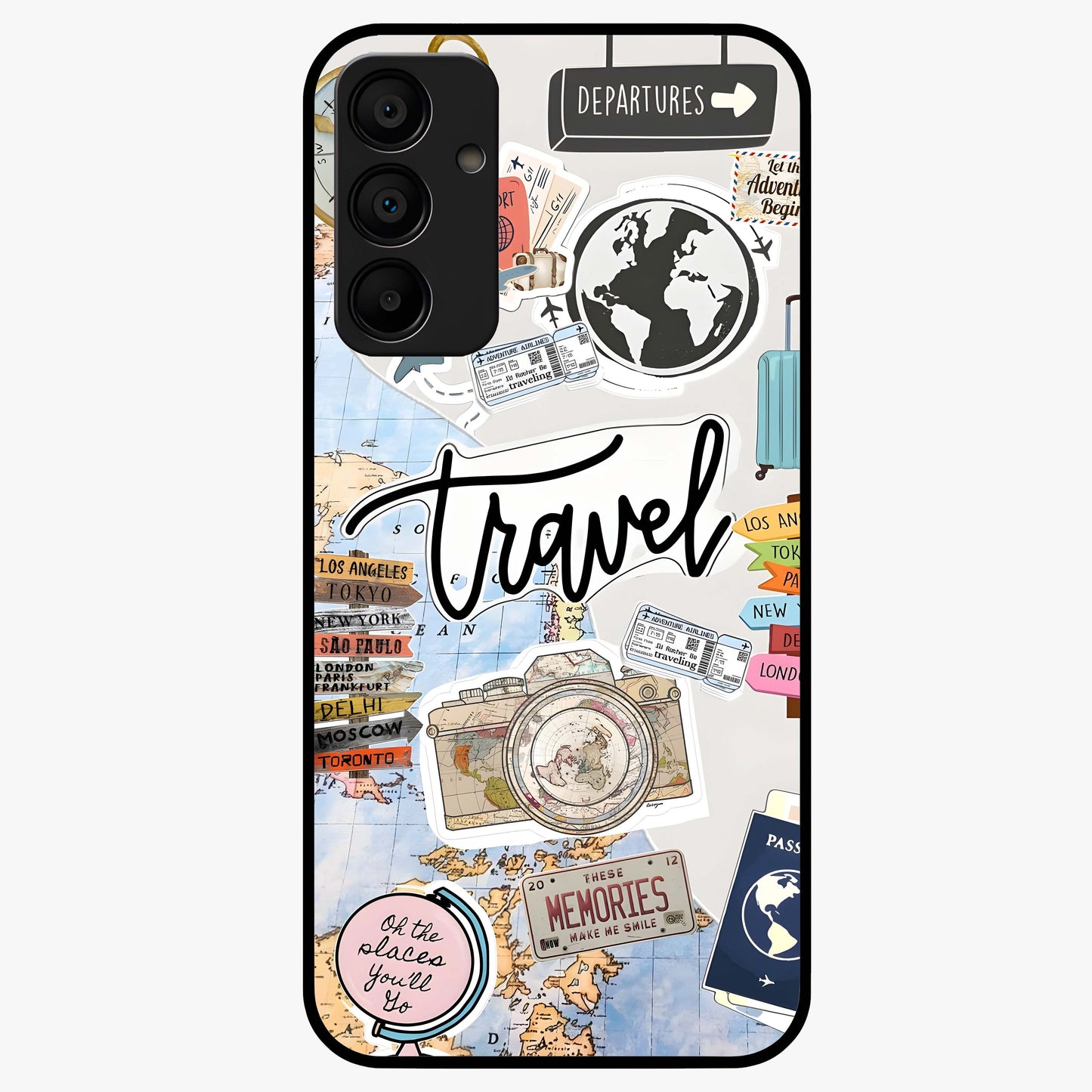 Wanderlust Journal Glass Case showing flat back view with travel inspired artwork and glossy glass finish.