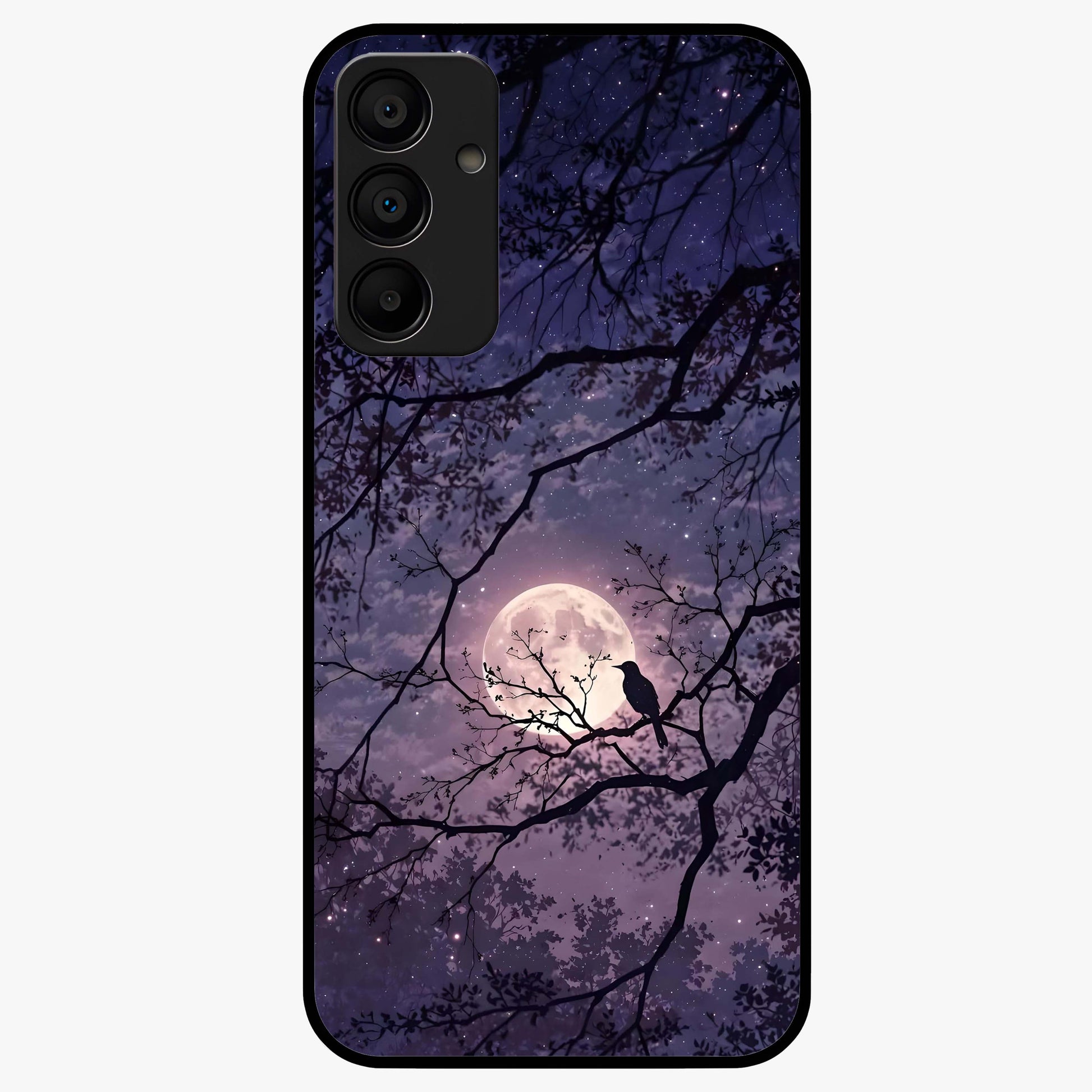 Whispering Moon Silence Glass Case showing flat back view with serene moon themed artwork and glossy glass finish.