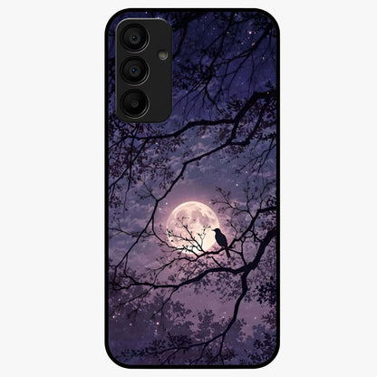 Whispering Moon Silence Glass Case showing flat back view with serene moon themed artwork and glossy glass finish.