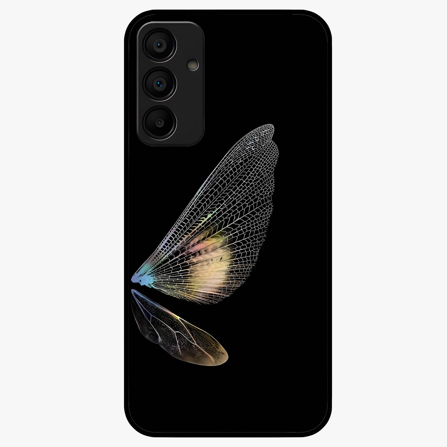 Whispers Of Wings Glass Case showing flat back view with graceful wing inspired artwork and glossy glass finish.