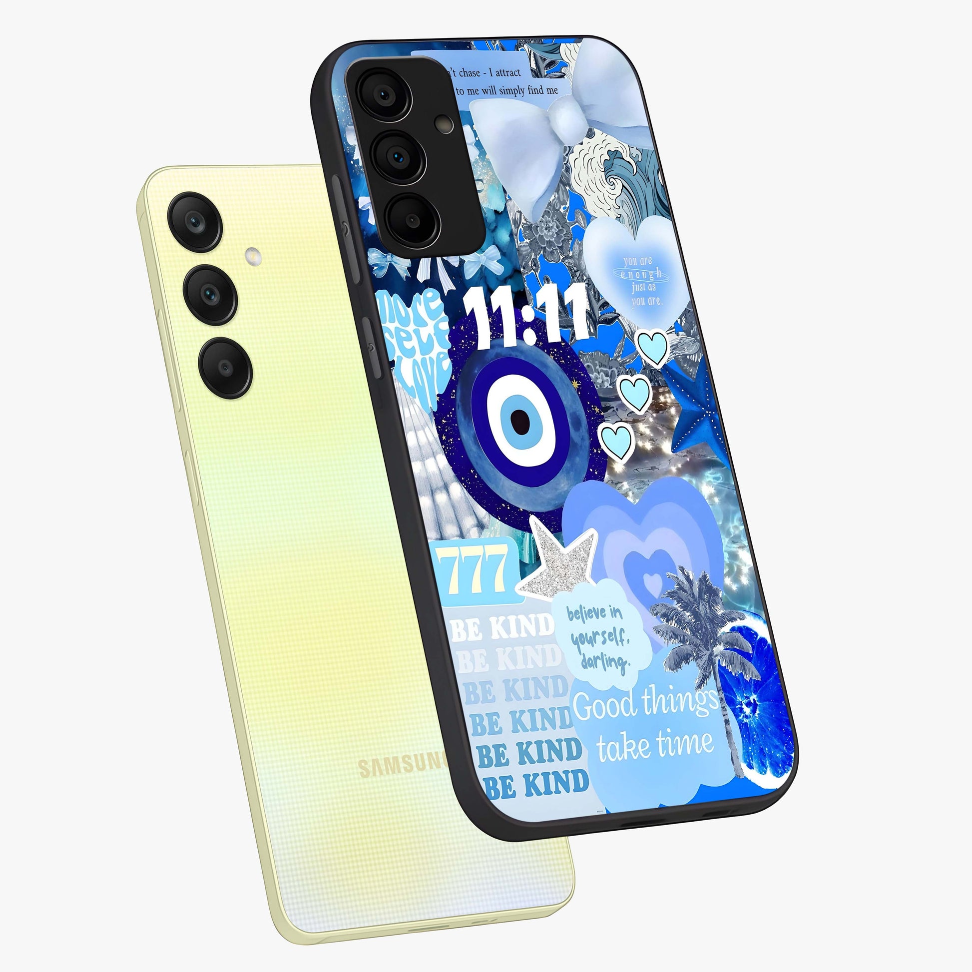 Aesthetic Be Kind Eye Glass Case displayed in angled mockup highlighting aesthetic eye design and inspirational vibe.