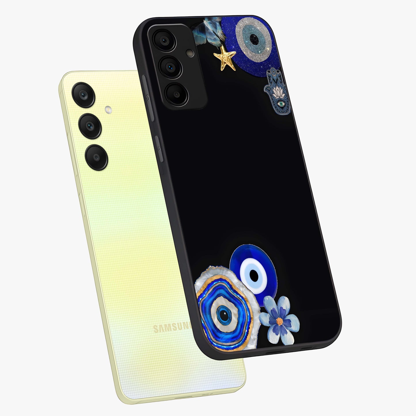 Aesthetic Blue Evil Eye Glass Case displayed in angled mockup highlighting blue evil eye symbol and spiritual aesthetic design.