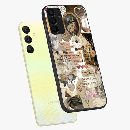 Aesthetic Brown Vintage Collage Glass Case displayed in angled mockup highlighting vintage aesthetic collage design.