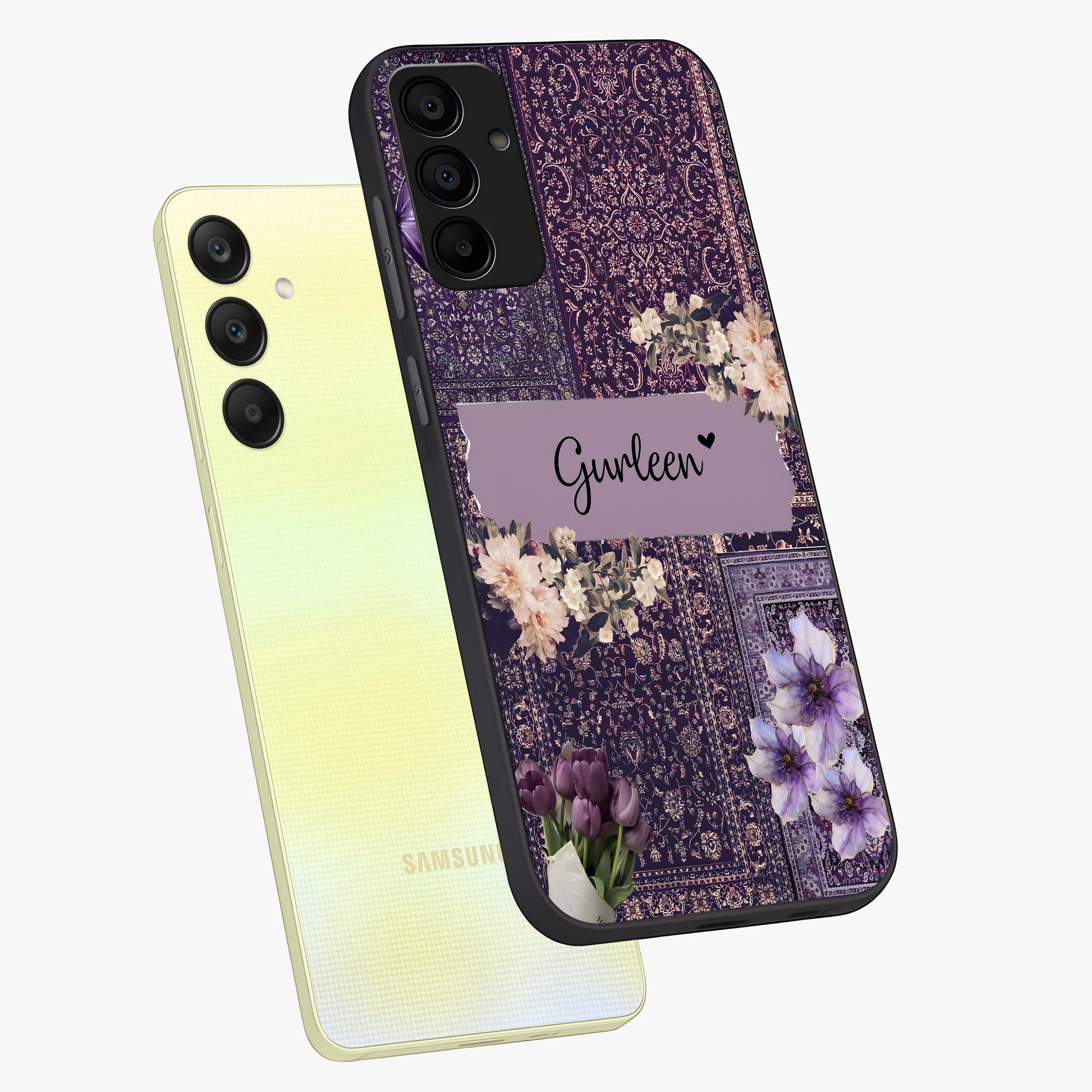 Antique Floral Whisper Custom Name Glass Case displayed in angled mockup highlighting elegant antique floral aesthetic.