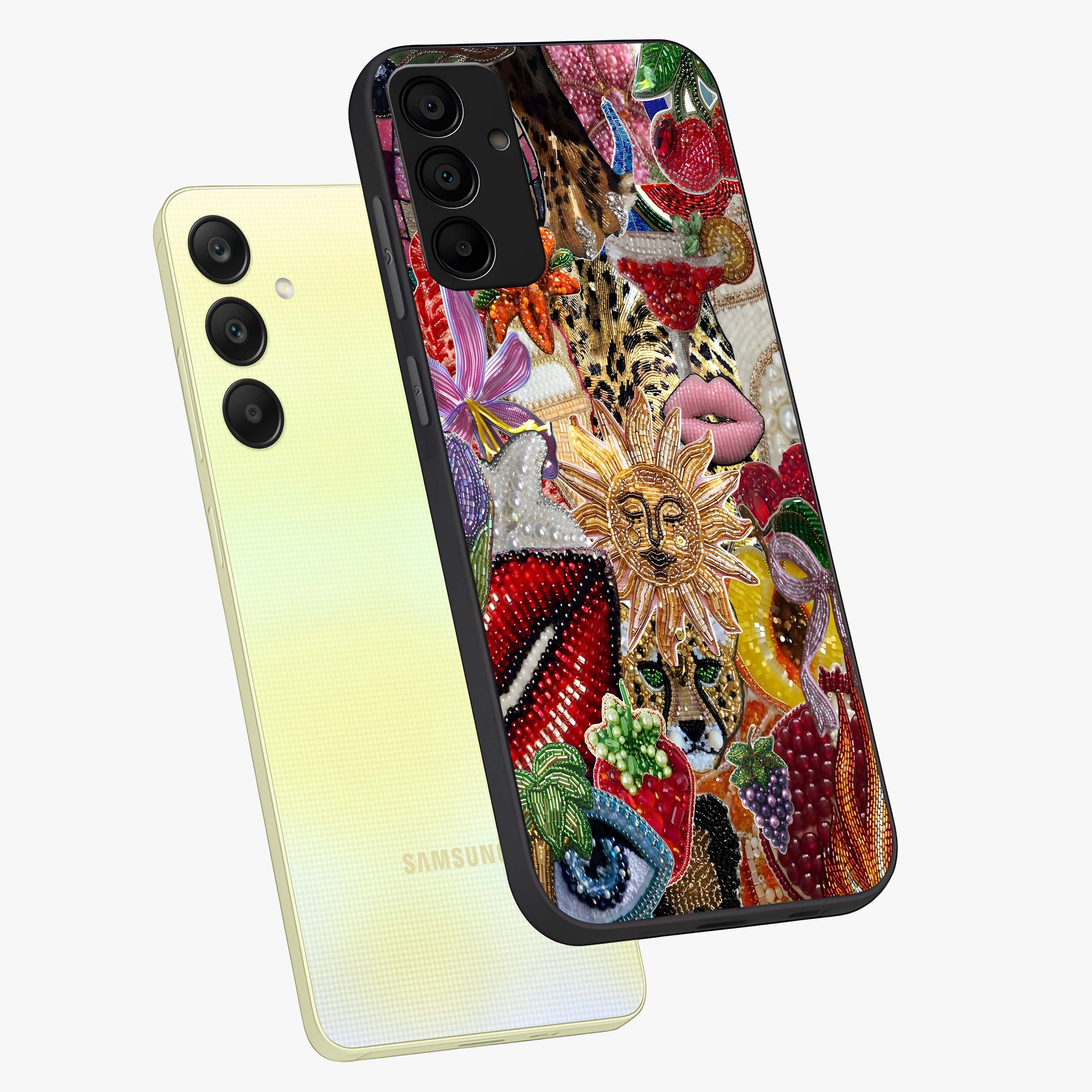 Beaded Fashion Jungle Glass Case displayed in angled mockup highlighting colorful fashion bead design and artistic pattern.