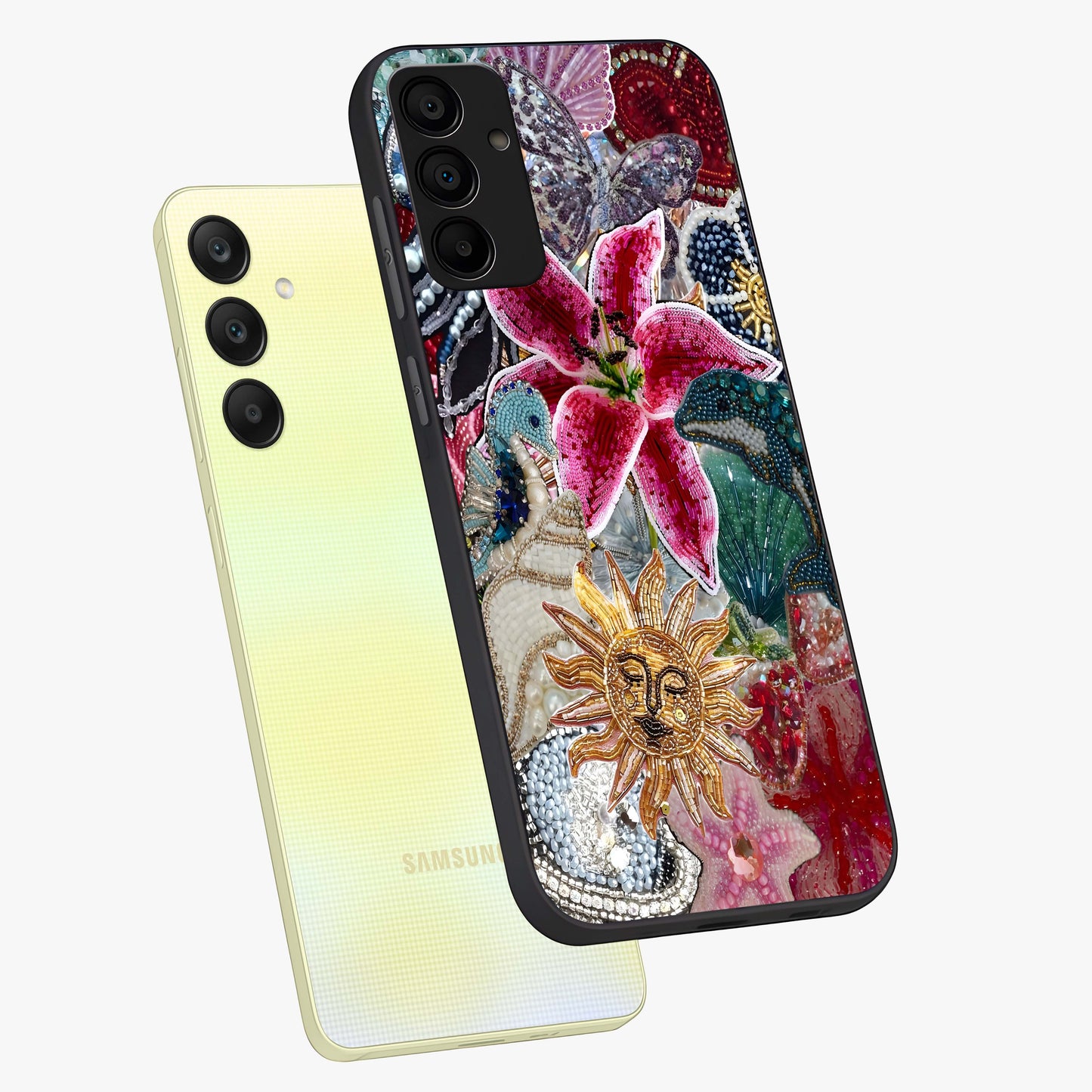 Beaded Garden Fantasy Glass Case displayed in angled mockup highlighting fantasy inspired floral bead pattern.
