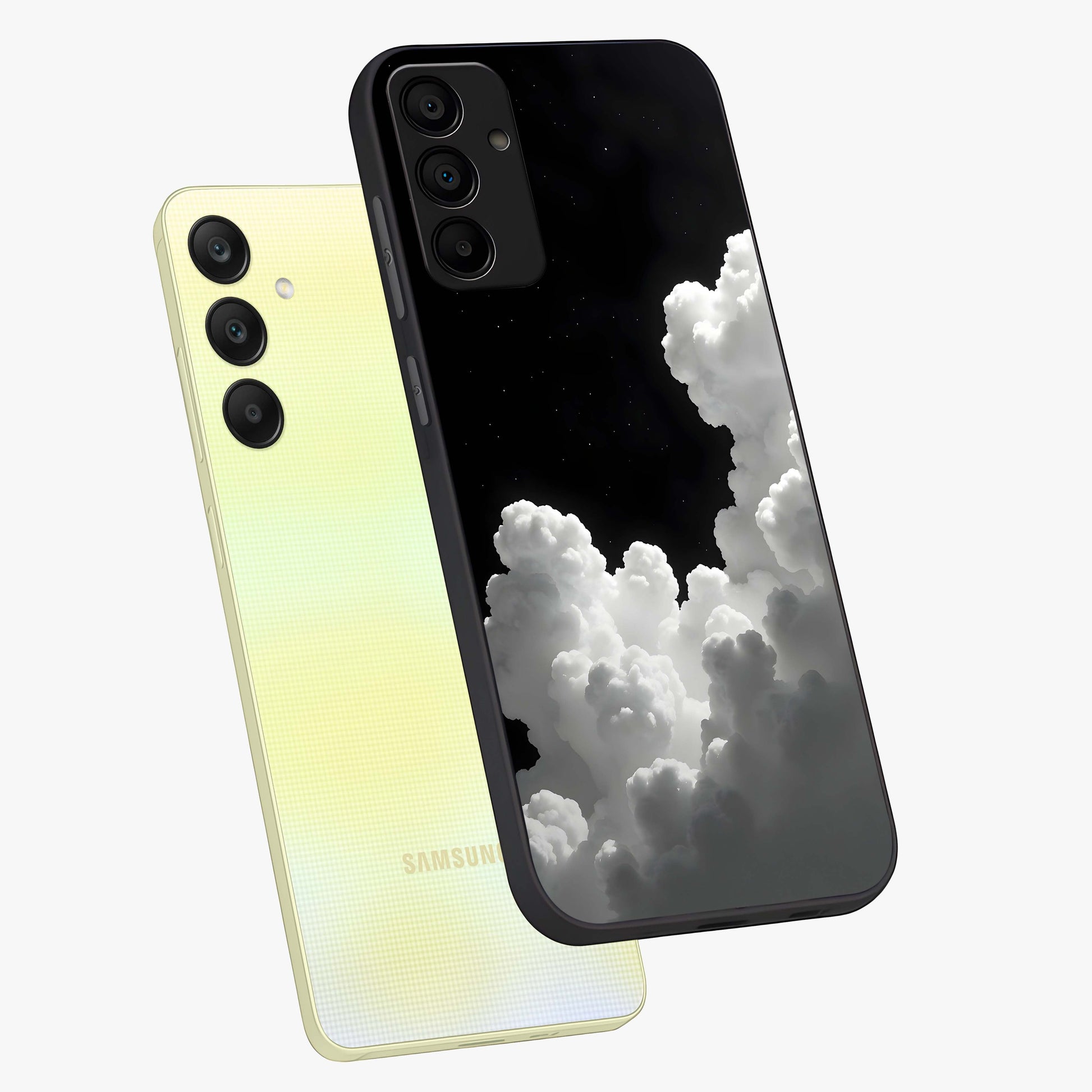 Black Background With White Cloud Glass Case displayed in angled mockup highlighting soft white cloud illustration and minimal design.