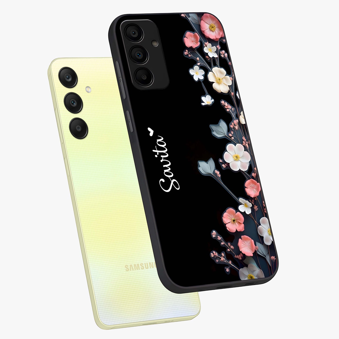 Black Elegance Floral Custom Name Glass Case displayed in angled mockup highlighting dark floral aesthetic and custom name feature.