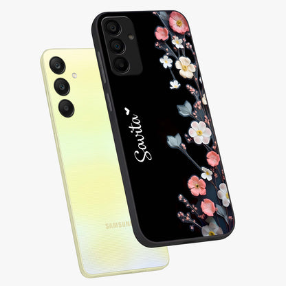 Black Elegance Floral Custom Name Glass Case displayed in angled mockup highlighting dark floral aesthetic and custom name feature.