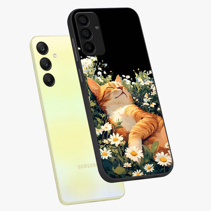 Blissful Bloom Cat Glass Case displayed in angled mockup highlighting playful feline illustration with soft floral aesthetic.