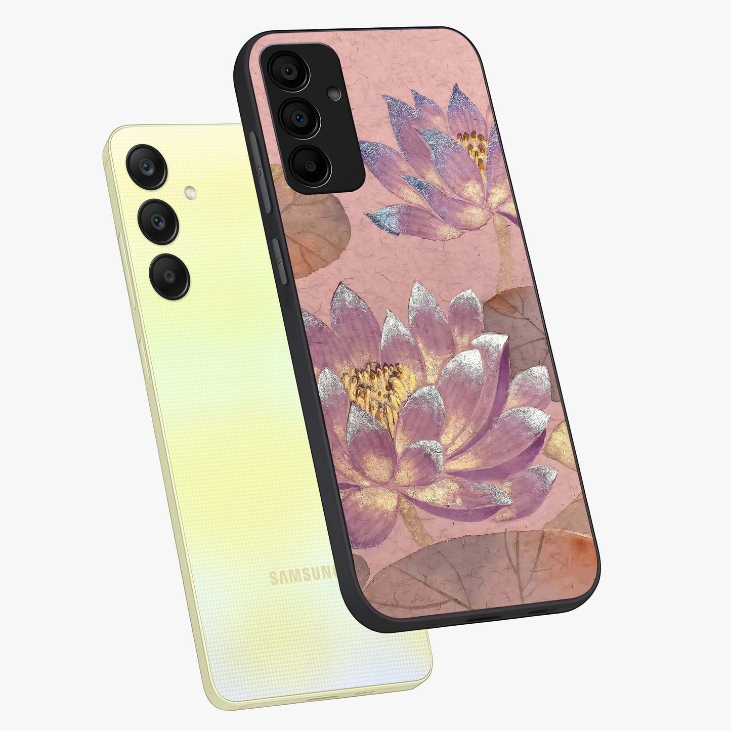 Blossom Mist Lotus Glass Case displayed in angled mockup highlighting delicate lotus illustration with calm aesthetic theme.