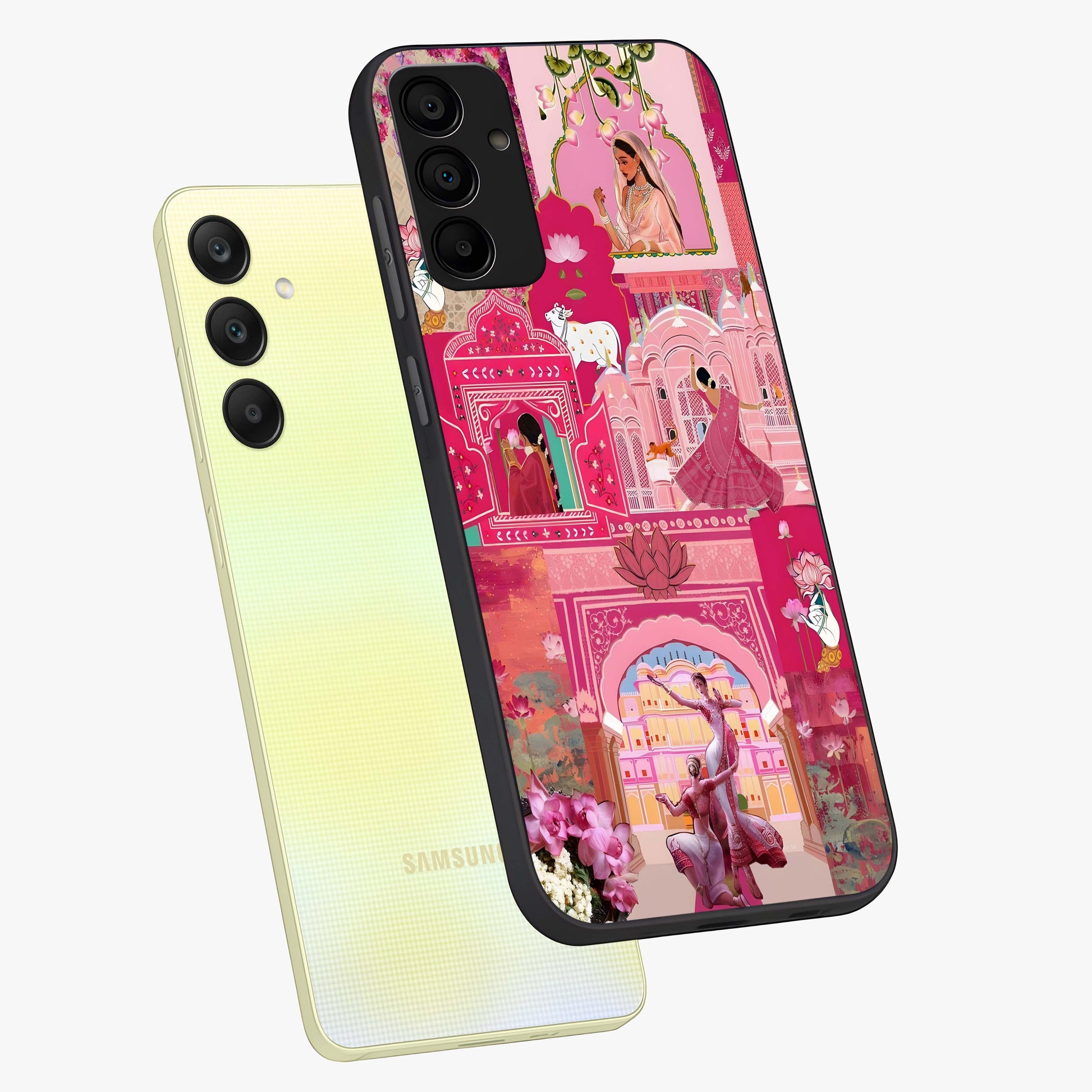 Blossoms of Rajasthan Glass Case displayed in angled mockup highlighting vibrant floral pattern with cultural aesthetic style.