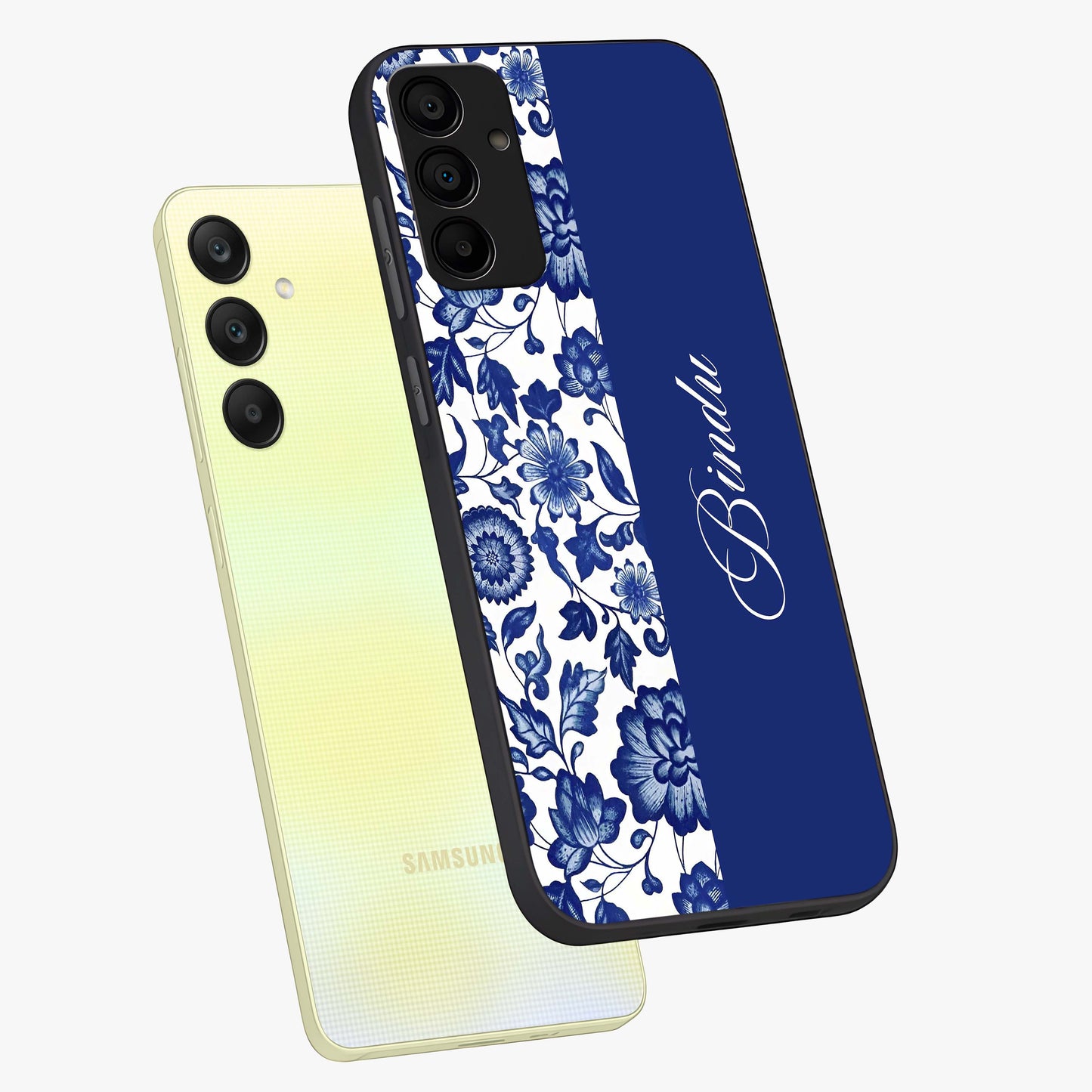Blue Vintage Floral Pattern Glass Case displayed in angled mockup highlighting subtle bloom pattern with aesthetic pastel design.