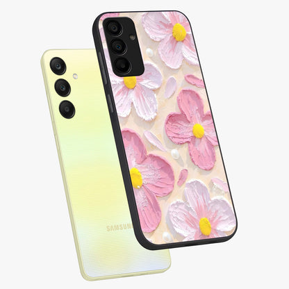 Blush Bloom Texture Glass Case displayed in angled mockup highlighting subtle bloom pattern with aesthetic pastel design.