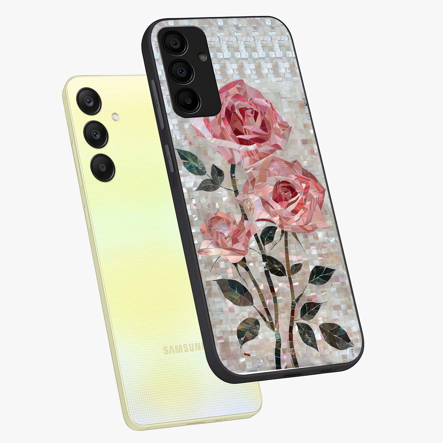 Blush Mosaic Bloom Glass Case displayed in angled mockup highlighting artistic mosaic flower pattern with aesthetic design.