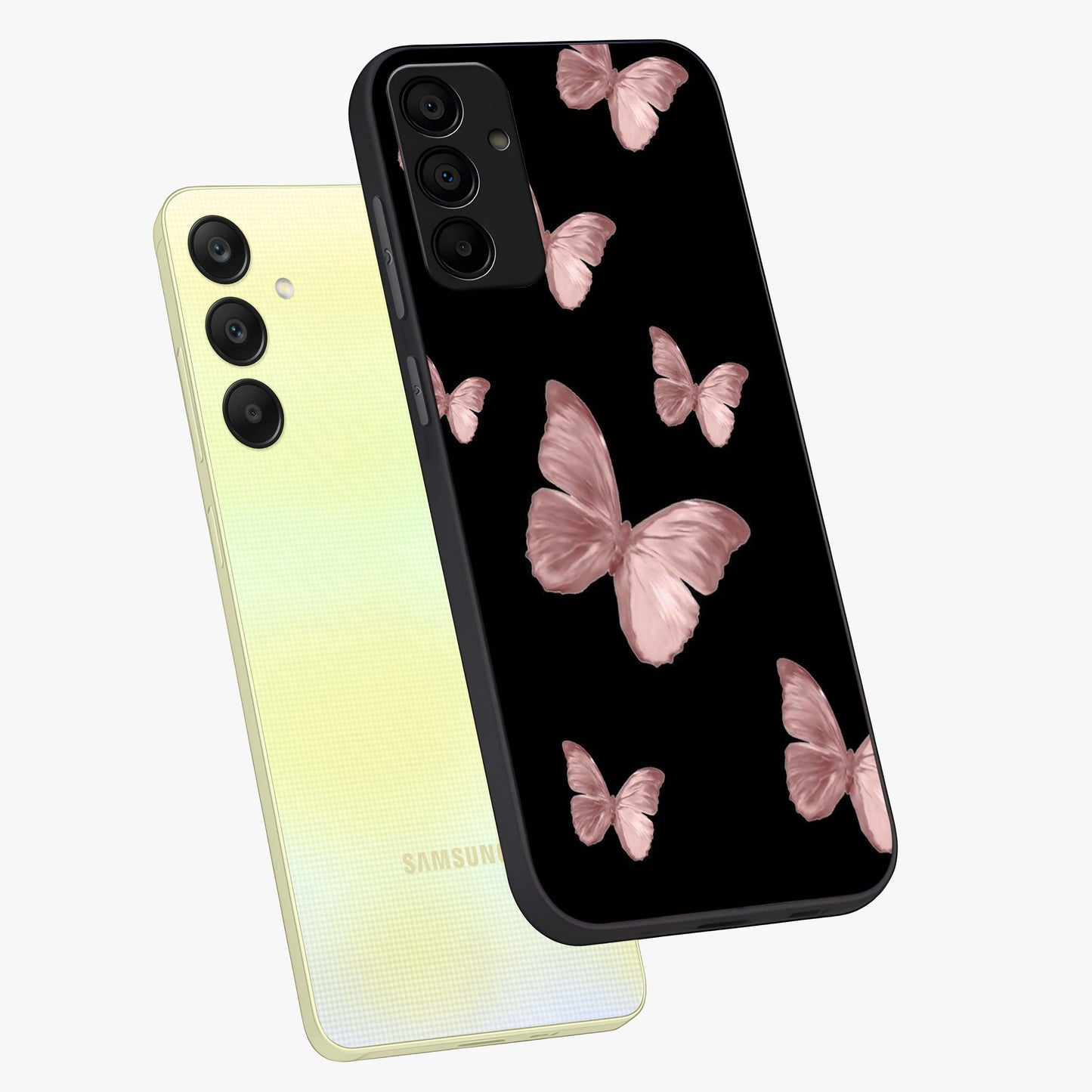 Butterfly Pattern Glass Case displayed in angled mockup highlighting delicate butterfly design and aesthetic pattern style.