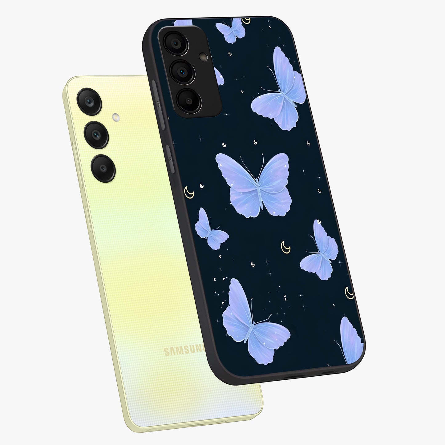 Butterfly With Stars Pattern Glass Case displayed in angled mockup highlighting dreamy butterfly and star design with aesthetic theme.