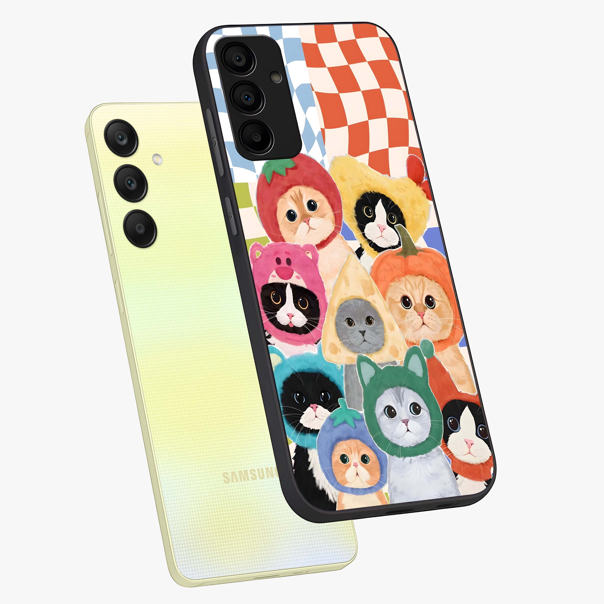 Cats in Fruits Glass Case displayed in angled mockup highlighting cute feline fruit design with colorful aesthetic style.