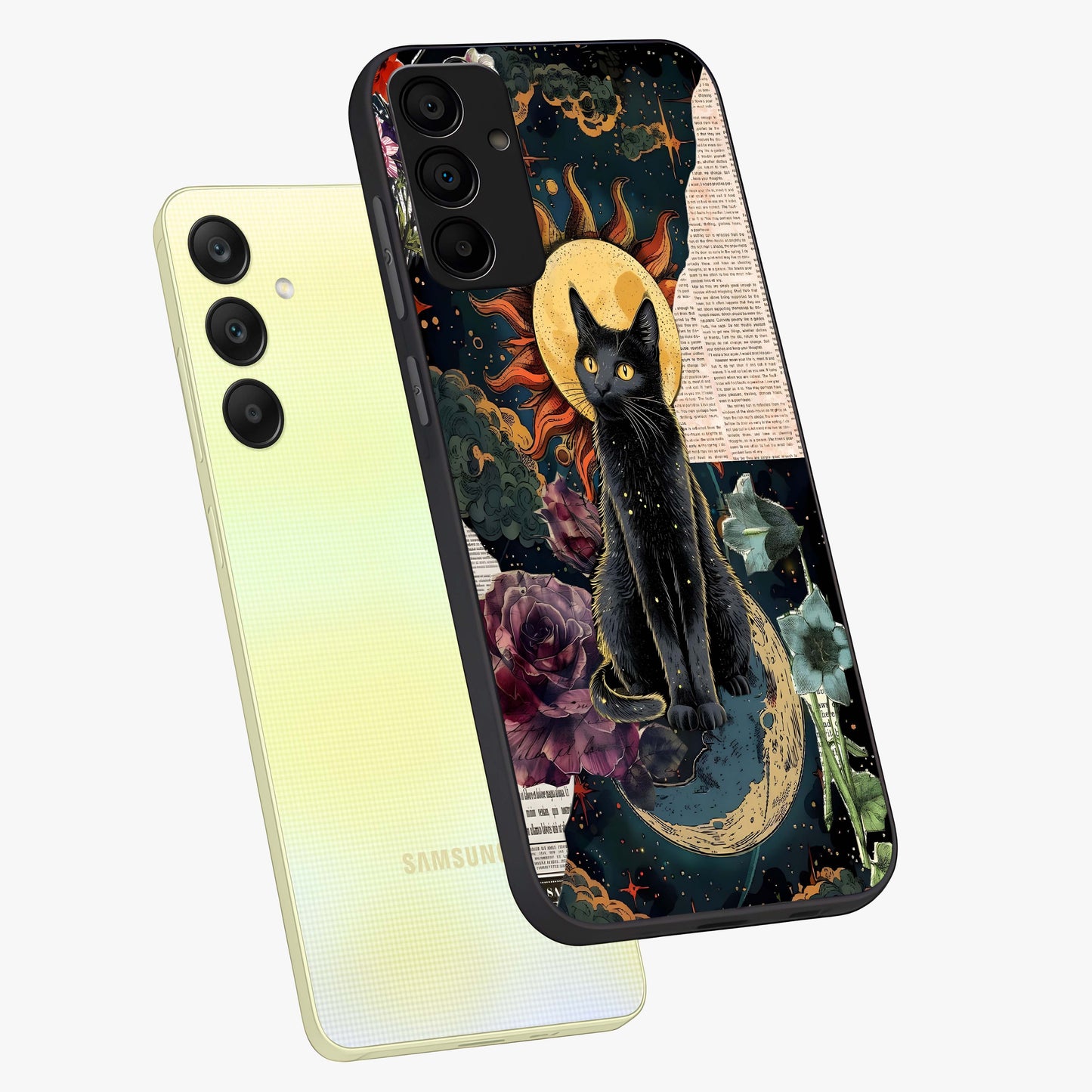 Celestial Black Cat Glass Case displayed in angled mockup highlighting cosmic black cat design with celestial aesthetic.
