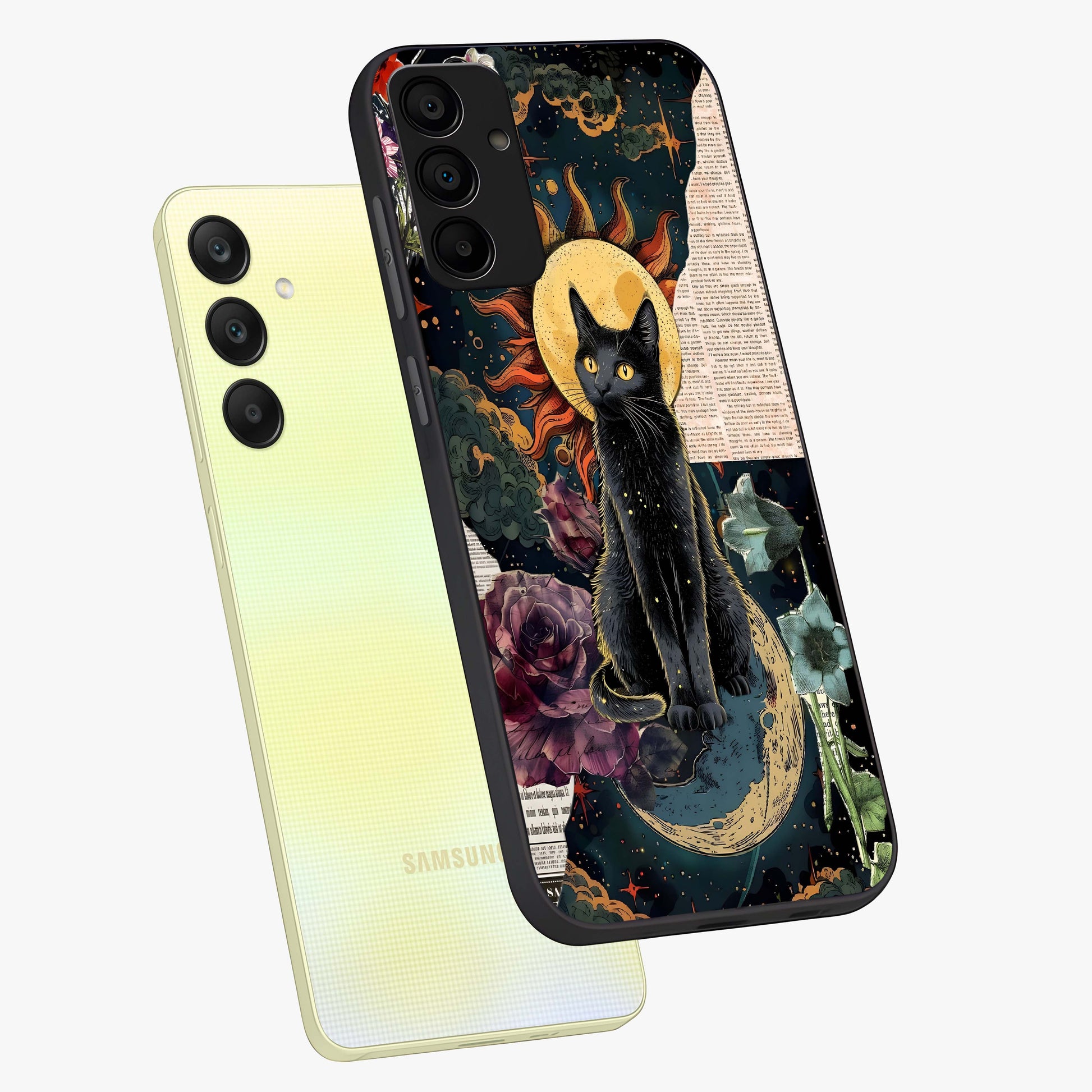 Celestial Black Cat Glass Case displayed in angled mockup highlighting cosmic black cat design with celestial aesthetic.