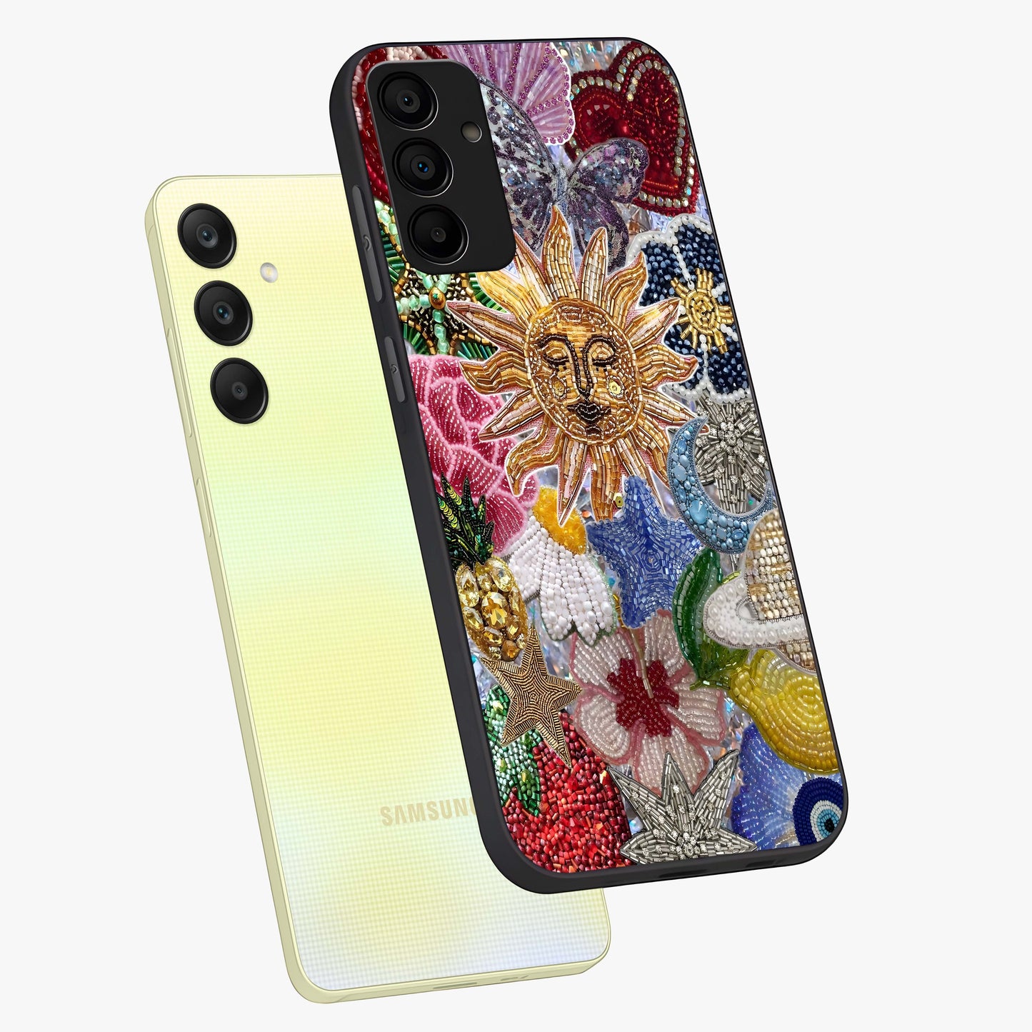 Celestial Floral and Playful Glass Case displayed in angled mockup highlighting playful floral design with dreamy celestial elements.