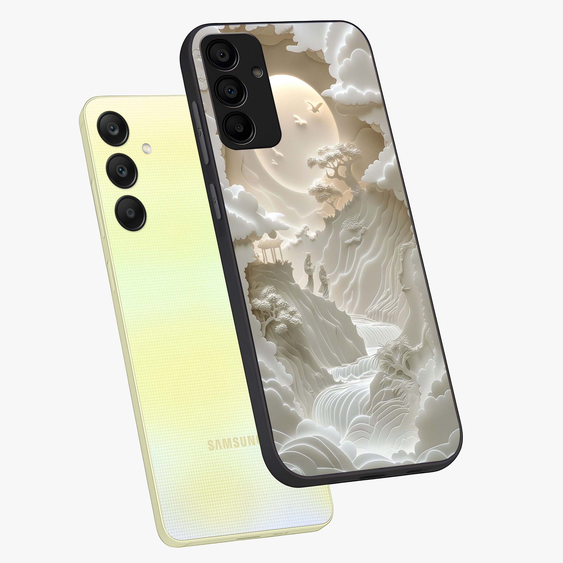 Celestial Origami Glass Case displayed in angled mockup highlighting geometric origami design with cosmic aesthetic theme.