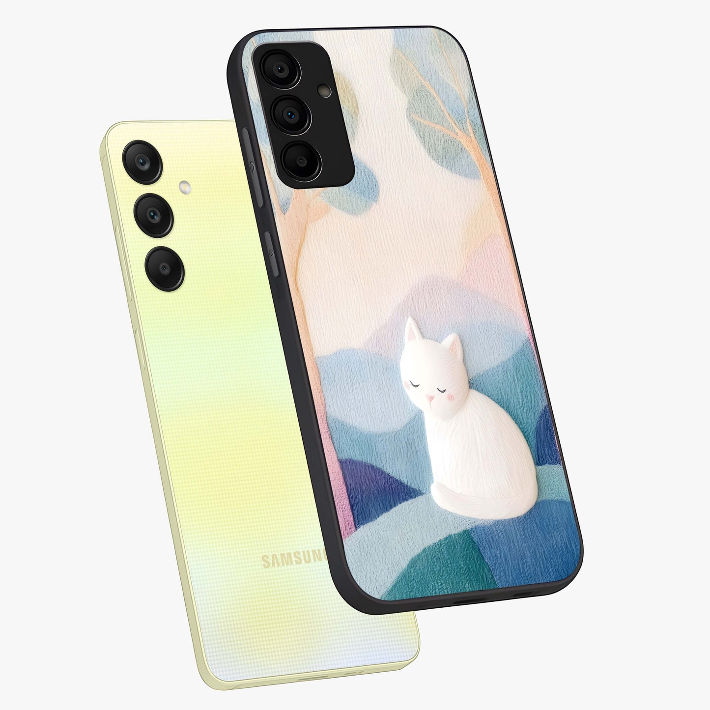 Cotton Dream Cat Glass Case displayed in angled mockup highlighting cute feline illustration with pastel aesthetic style.