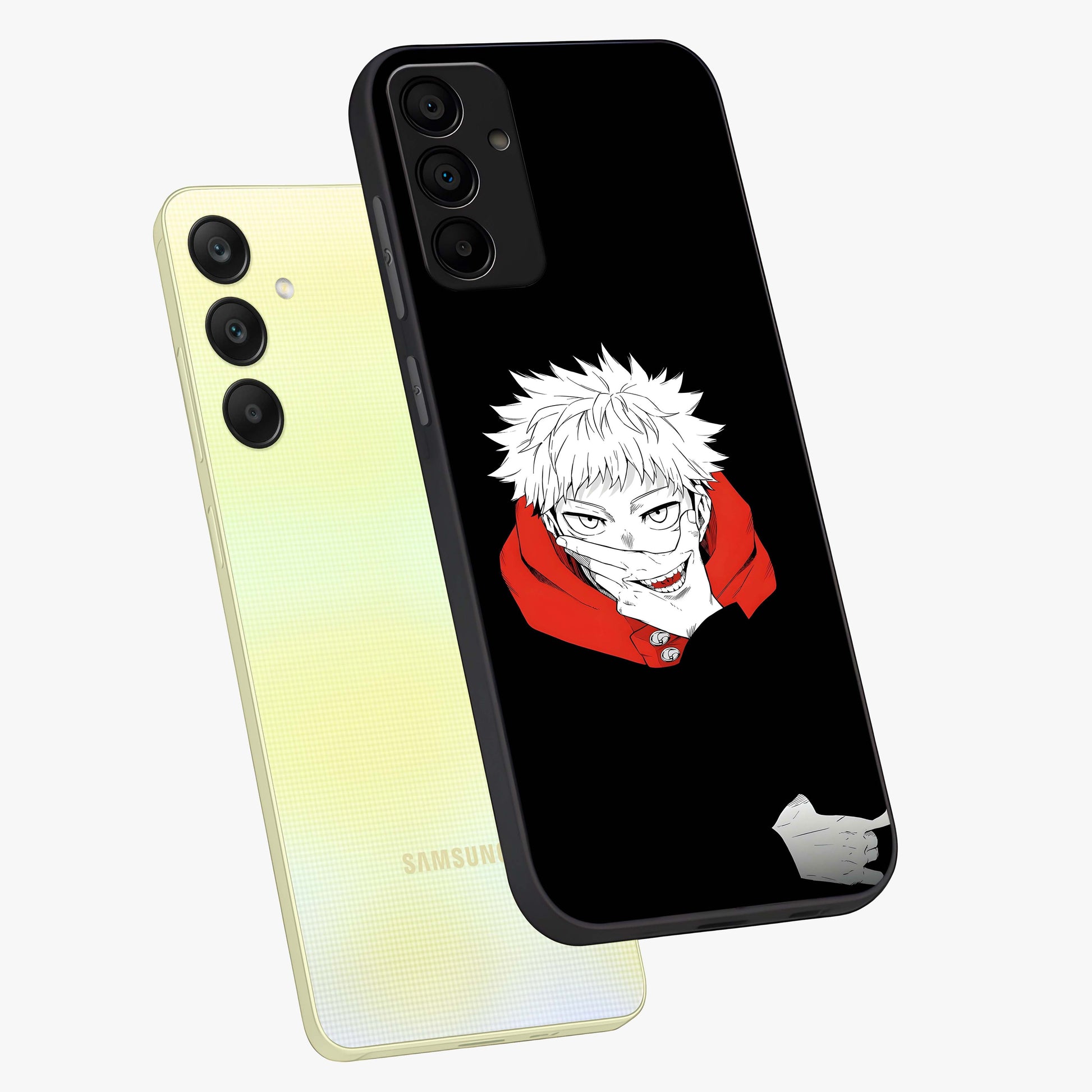 Crimson Chaos Smile Glass Case displayed in angled mockup highlighting edgy crimson smile design with graphic aesthetic.