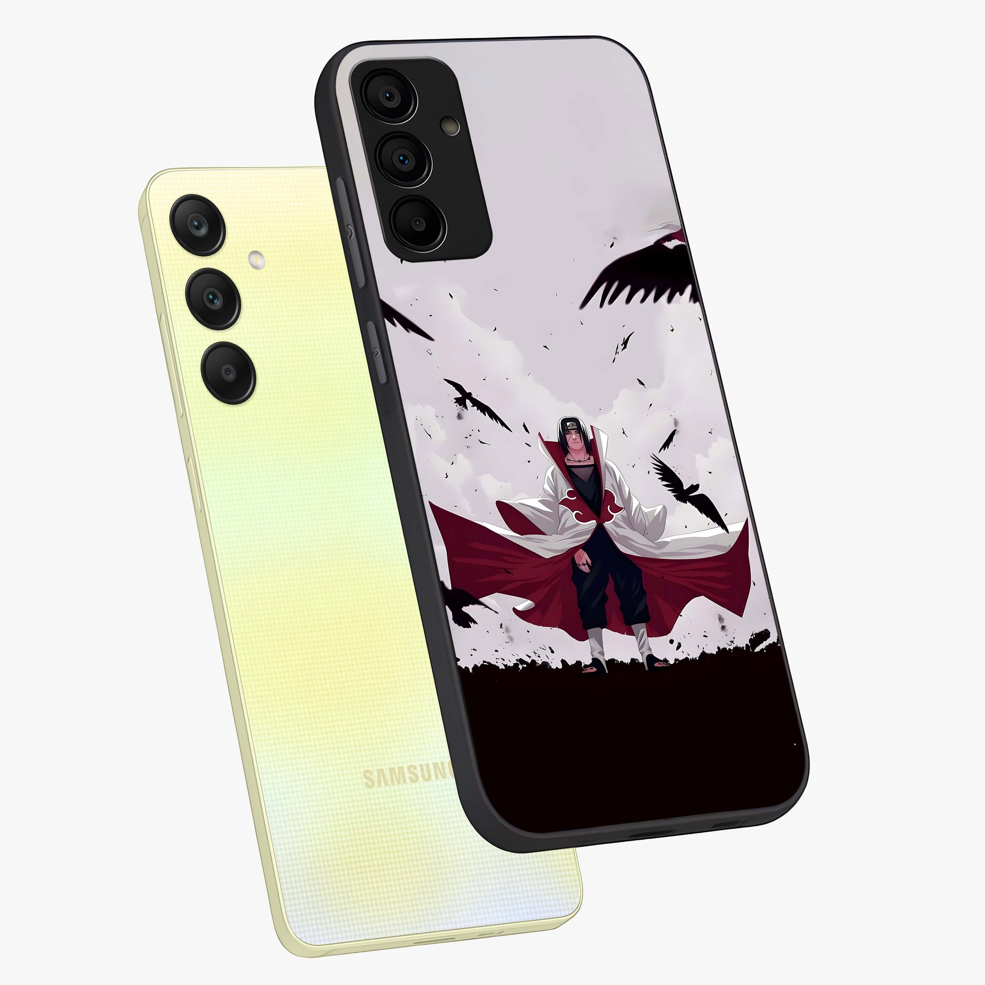 Crimson Crow Ascension Glass Case displayed in angled mockup highlighting powerful crow illustration with dark crimson aesthetic.