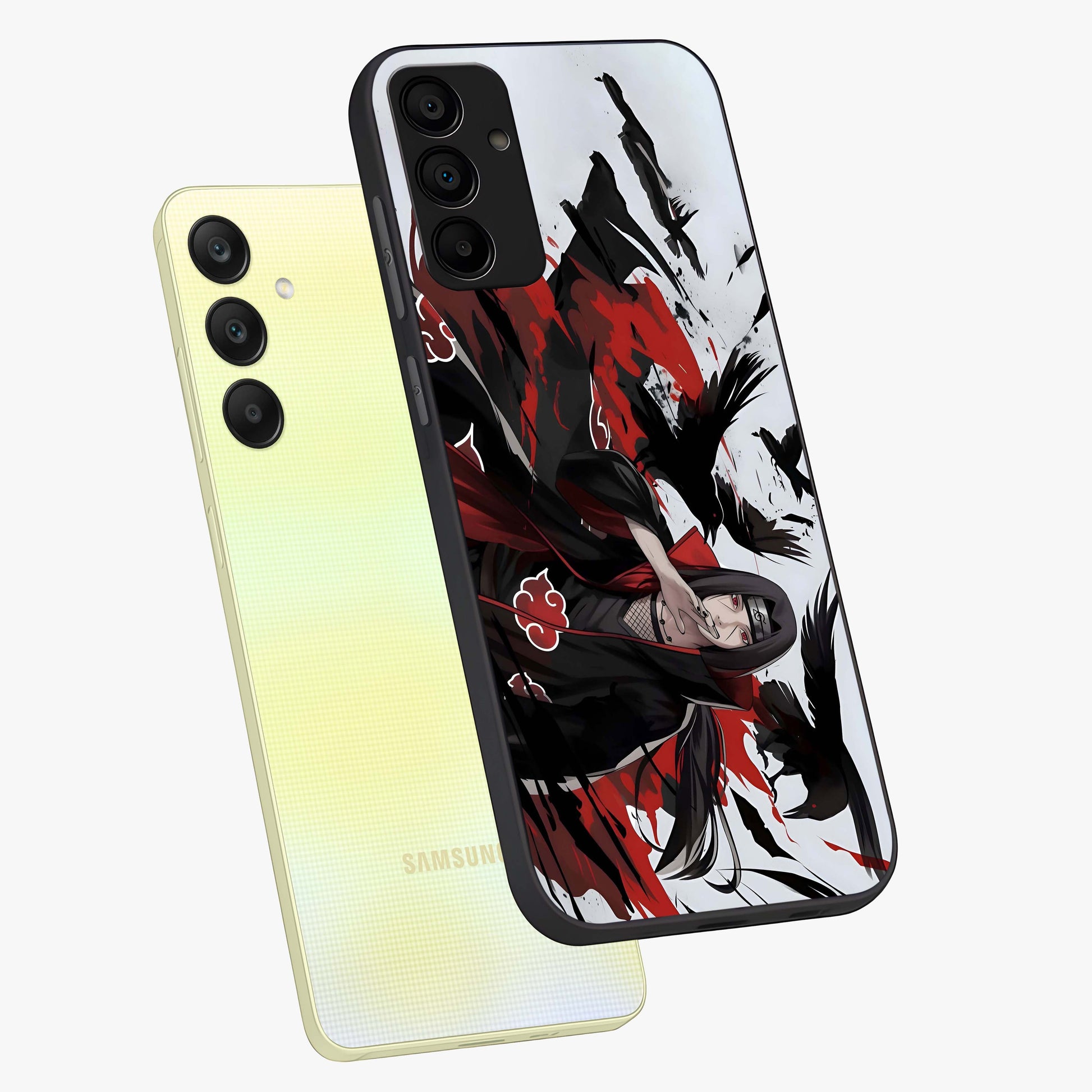 Crimson Crow Illusion Glass Case displayed in angled mockup highlighting mysterious crow graphic with dark aesthetic style.