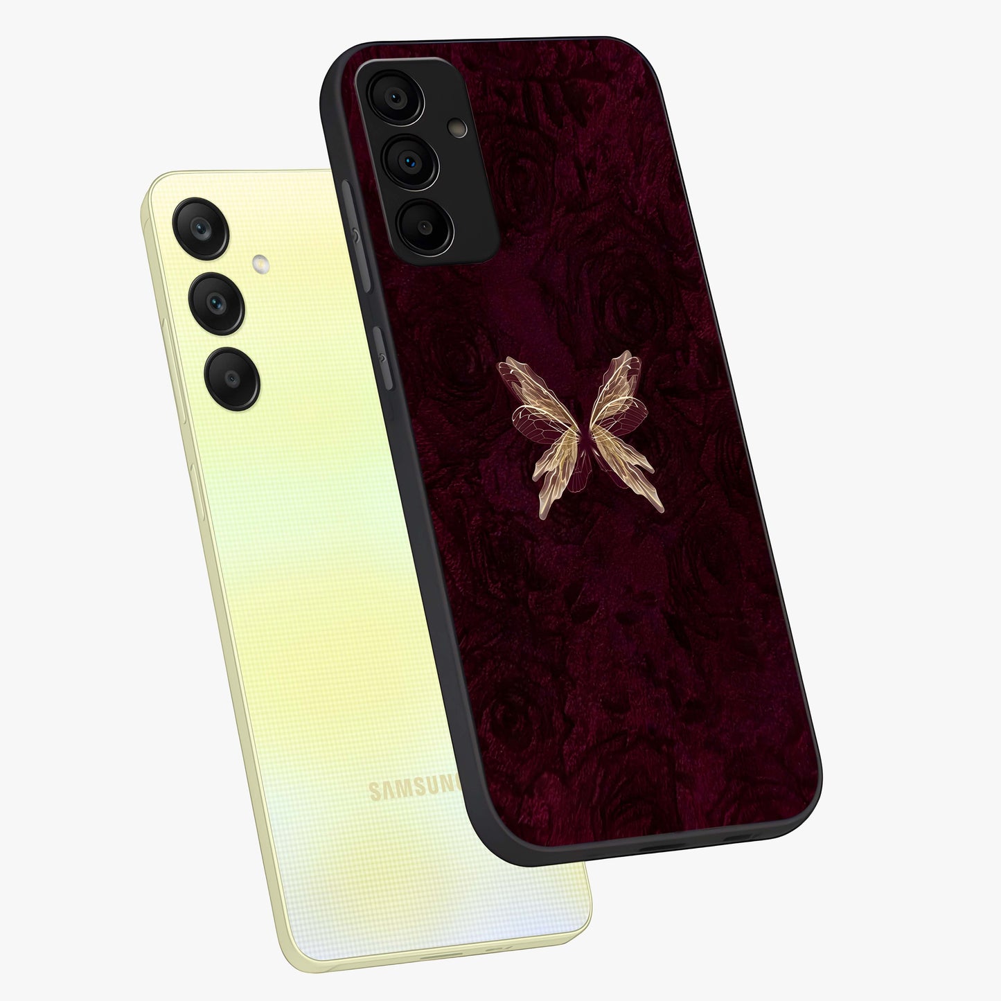 Crimson Fade Butterfly Glass Case displayed in angled mockup highlighting elegant butterfly design with crimson gradient aesthetic.
