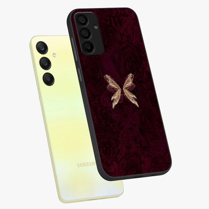 Crimson Fade Butterfly Glass Case displayed in angled mockup highlighting elegant butterfly design with crimson gradient aesthetic.