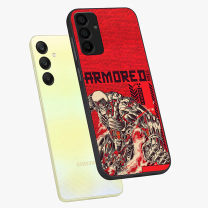 Crimson Mecha Titan Glass Case displayed in angled mockup highlighting futuristic mech illustration with bold crimson aesthetic.
