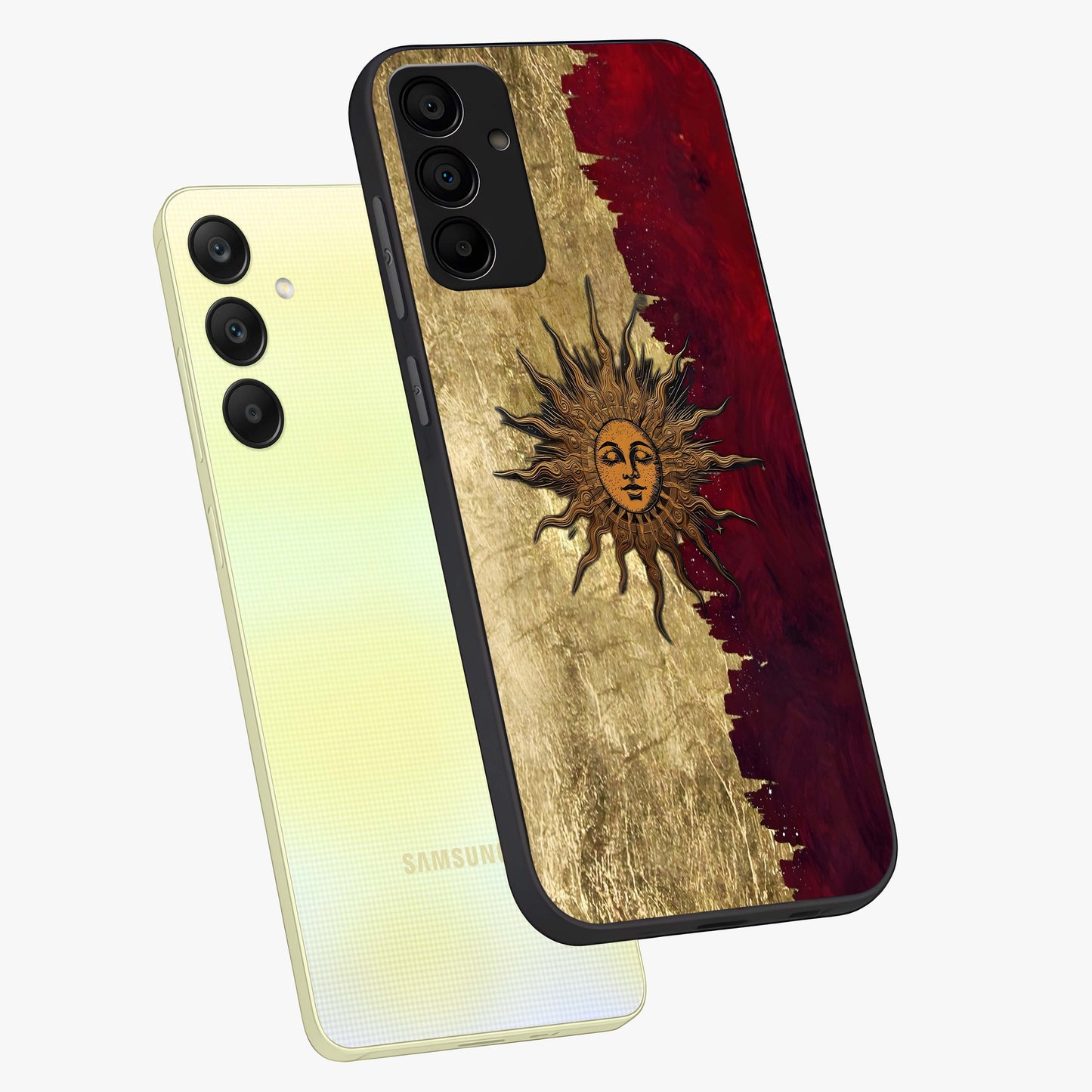 Crimson Sun Majesty Glass Case displayed in angled mockup highlighting majestic crimson sun design with bold aesthetic style.