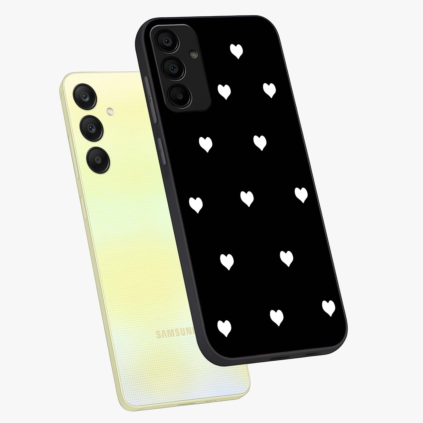 Cute And Simple White Hearts Glass Case displayed in angled mockup highlighting cute heart design with clean aesthetic style.
