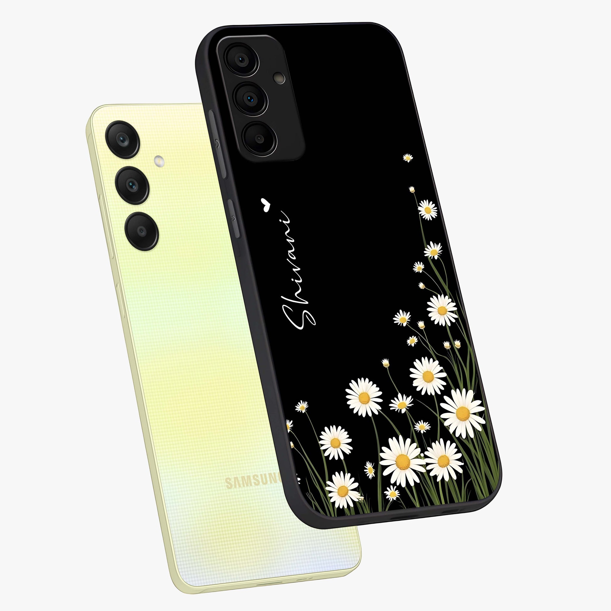 Daisy Cascade Custom Name Glass Case displayed in angled mockup highlighting delicate daisy artwork with custom name feature.