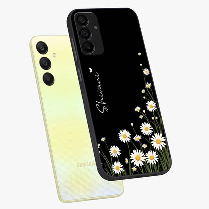 Daisy Cascade Custom Name Glass Case displayed in angled mockup highlighting delicate daisy artwork with custom name feature.