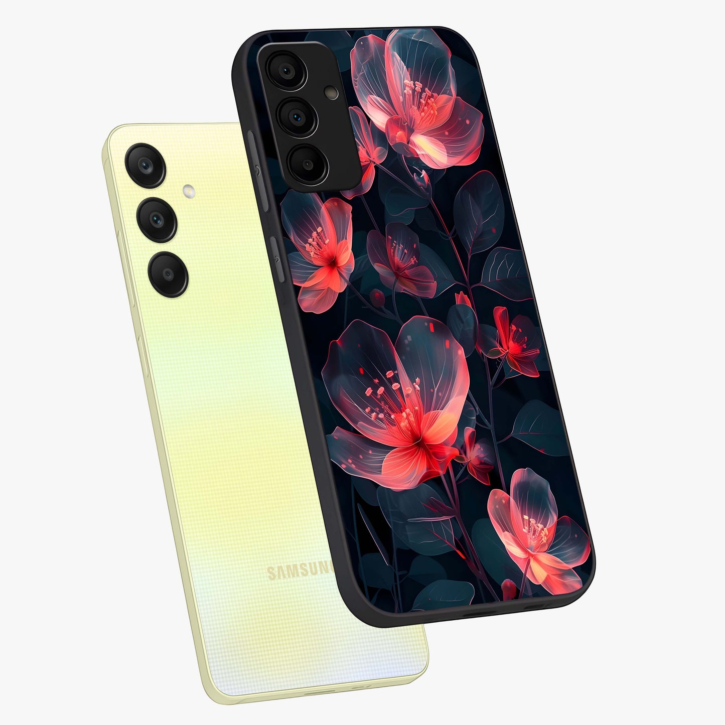 Dark Shade of Flower Glass Case displayed in angled mockup highlighting moody floral illustration with aesthetic dark tones.