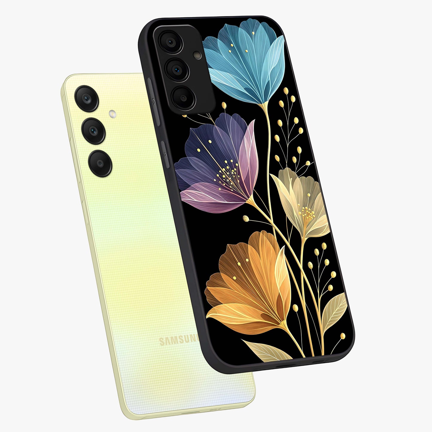 Delicate Multicolor Flowers Glass Case displayed in angled mockup highlighting colorful flower pattern with soft aesthetic style.