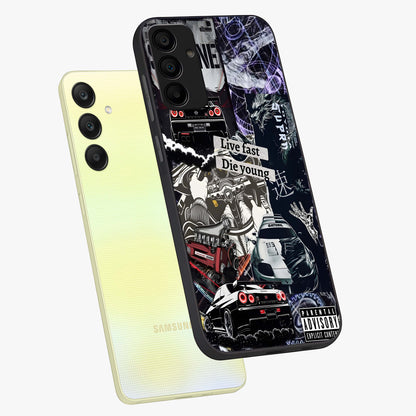 Die Young Glass Case displayed in angled mockup highlighting expressive graphic artwork with edgy aesthetic style.