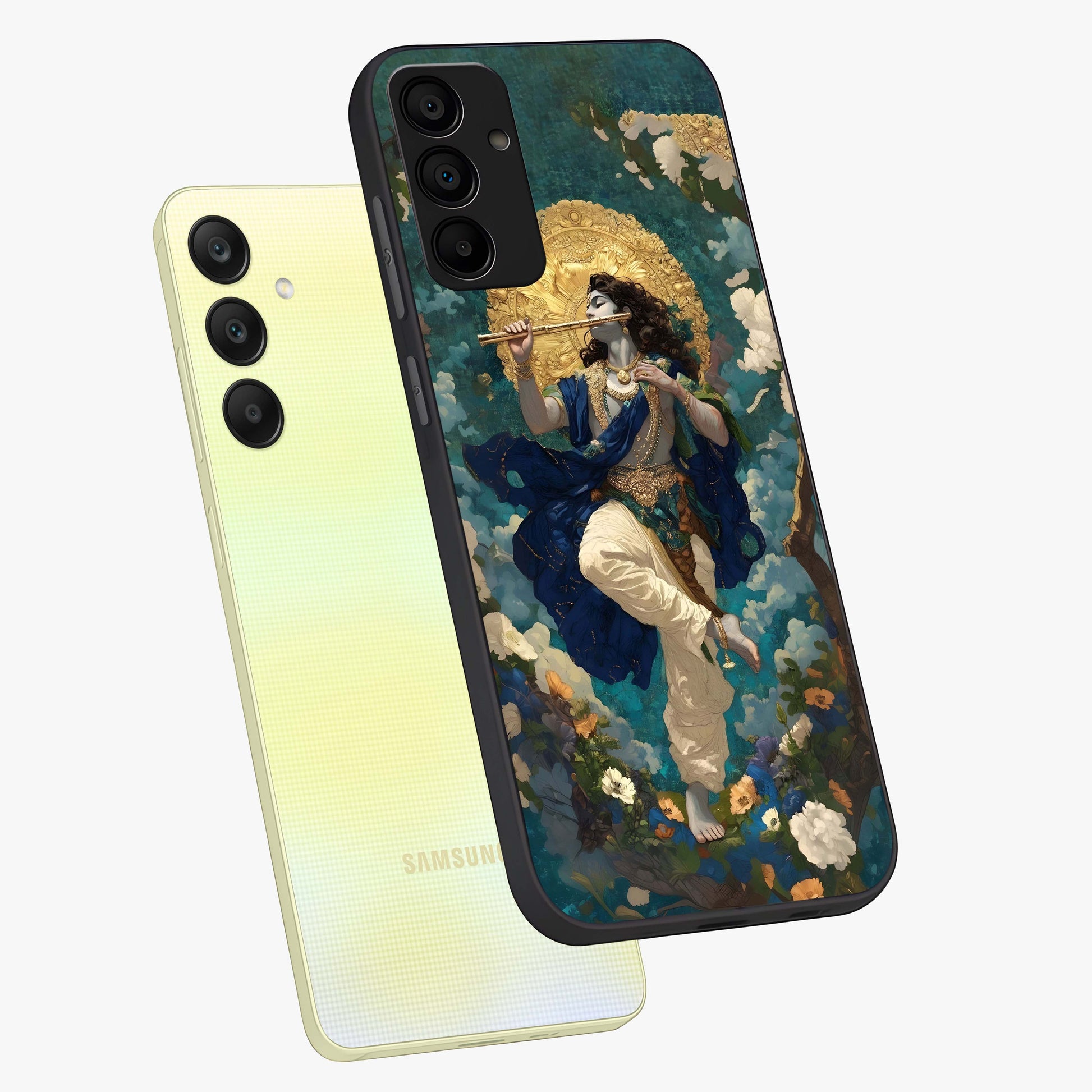 Divine Krishna Art Glass Case displayed in angled mockup highlighting spiritual Krishna illustration with devotional aesthetic.