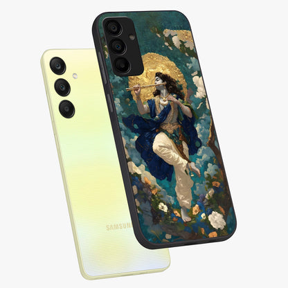Divine Krishna Art Glass Case displayed in angled mockup highlighting spiritual Krishna illustration with devotional aesthetic.