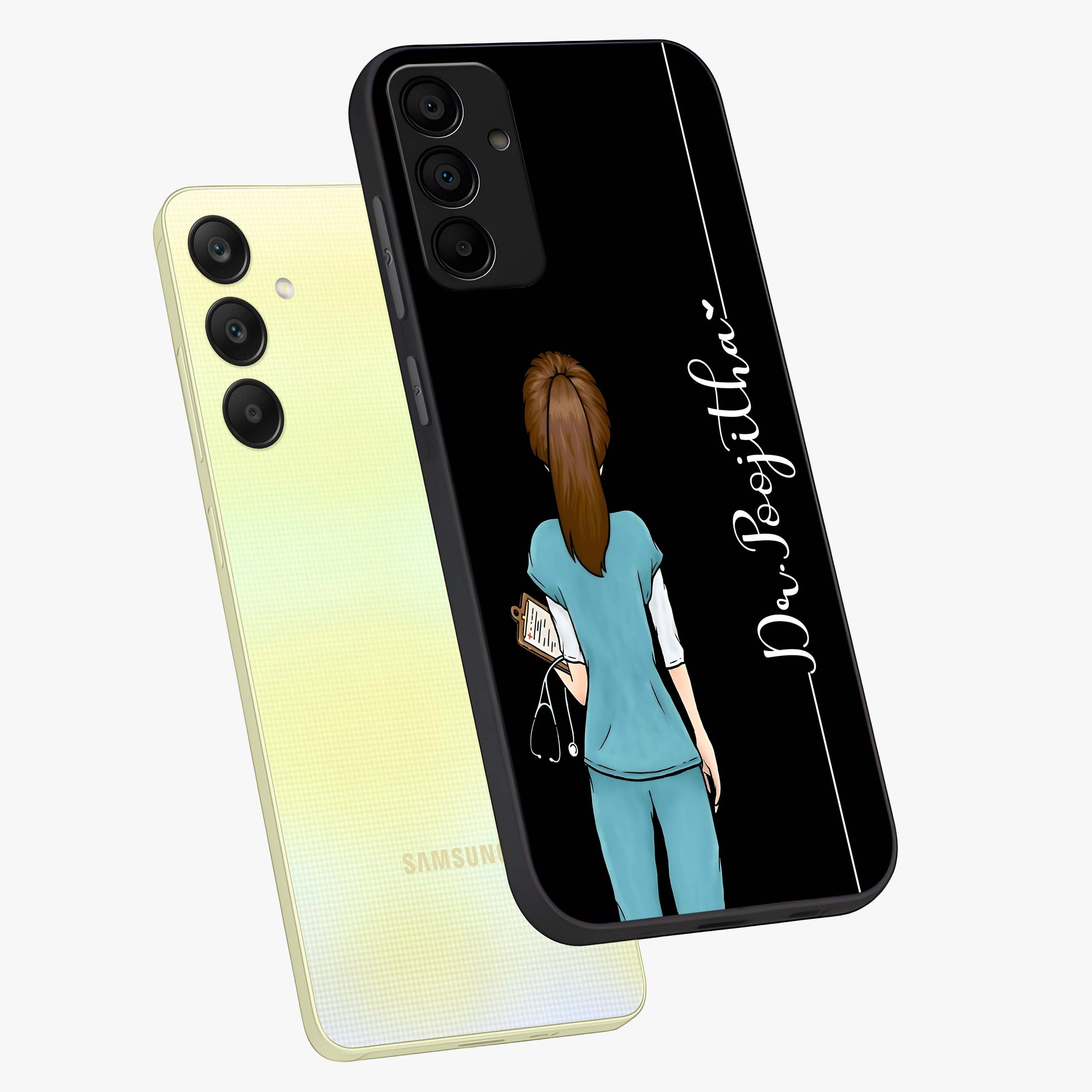 Doctor Pattern Custom Name Glass Case displayed in angled mockup highlighting doctor inspired artwork with custom name feature.