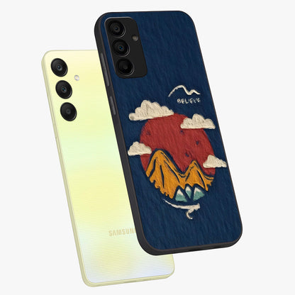 Dream Beyond Mountains Glass Case displayed in angled mockup highlighting dreamy mountain illustration with peaceful aesthetic.