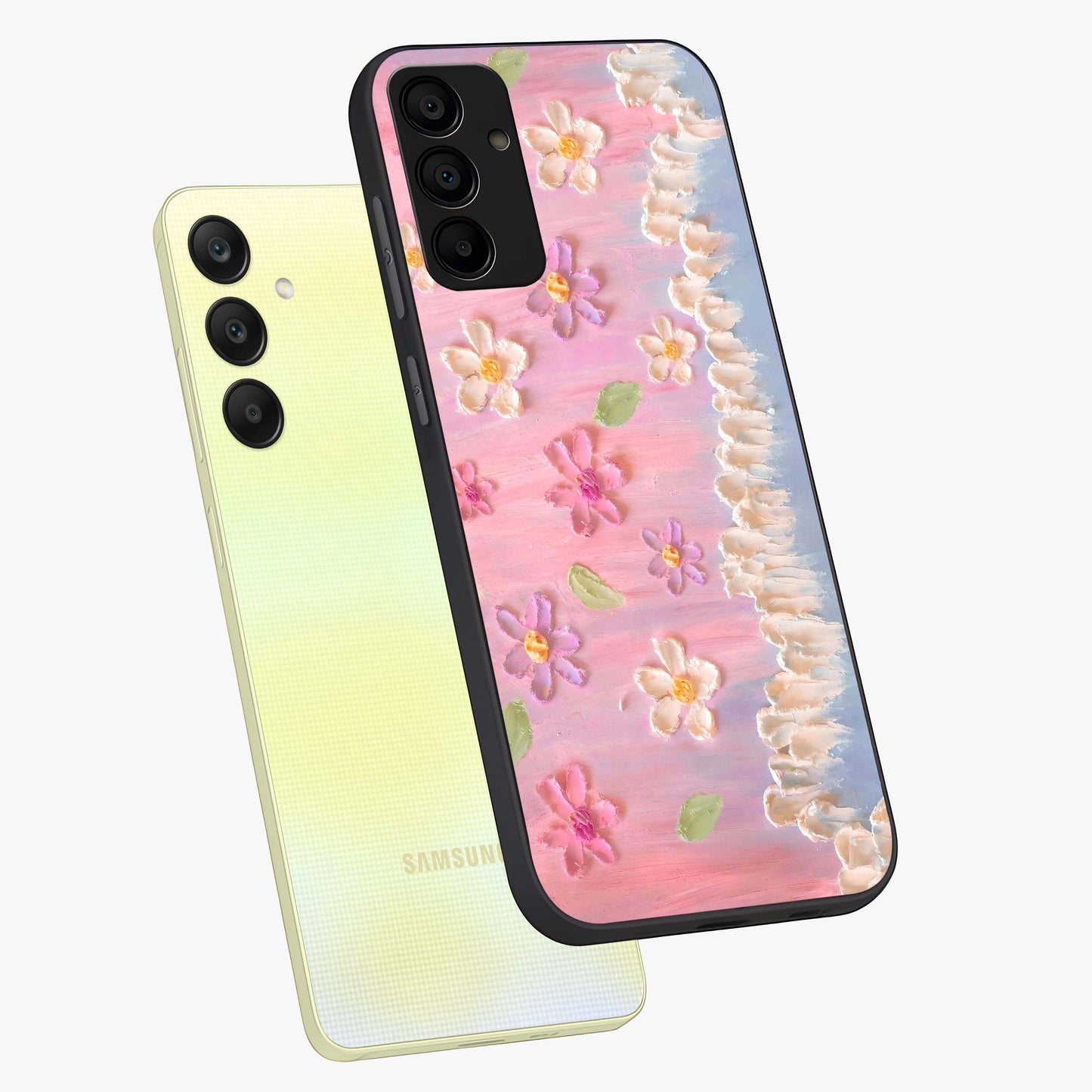 Dreamy Painted Garden Glass Case displayed in angled mockup highlighting colorful garden illustration with dreamy aesthetic style.