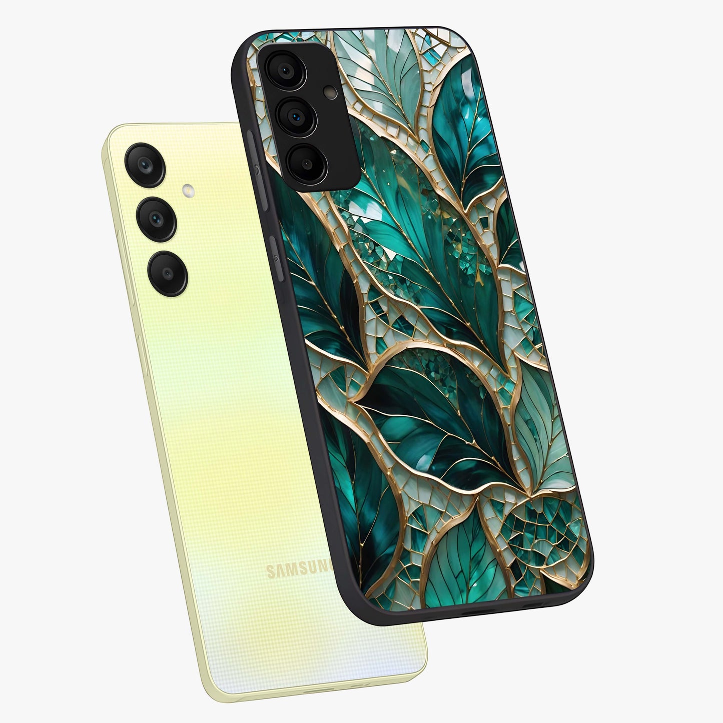 Emerald Leaf Glass Glass Case displayed in angled mockup highlighting botanical leaf illustration with elegant natural aesthetic.